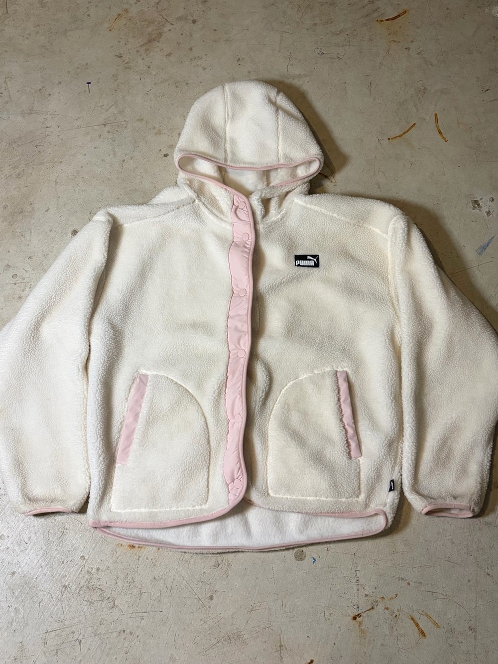 Puma Cream Hooded Fleece Jacket with Pink Trim